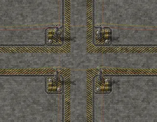 Encontro de quatro blocos: as quatro bases de canto ficam espelhadas, as faixas de perigo casam e há 4 tiles de concreto refinado entre as faixas dos dois lados da rua, capturado no jogo