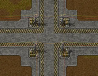 Encontro de quatro blocos: as quatro bases de canto ficam espelhadas, as faixas de perigo casam e há 4 tiles de concreto refinado entre as faixas dos dois lados da rua, capturado no jogo